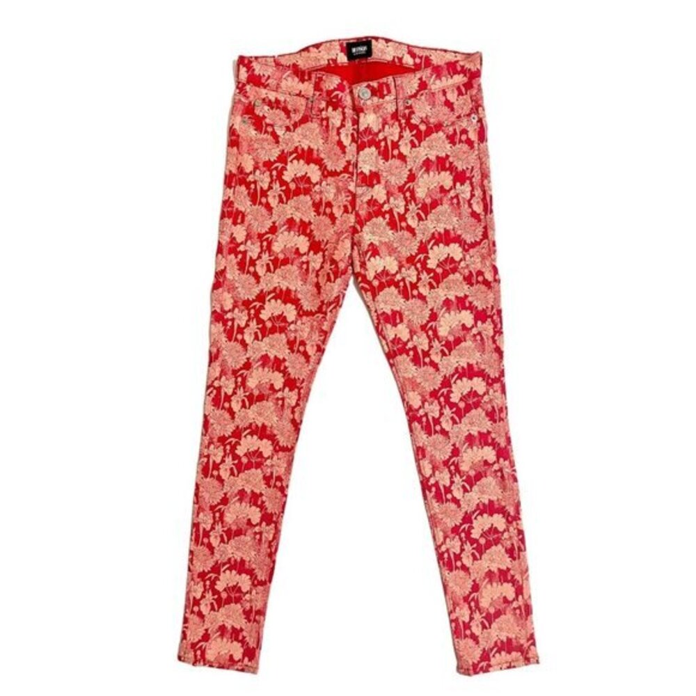 Hudson Jeans Red Orange Floral Print Nico Mid Rise Skinny Ankle Jeans SZ 30 NWT